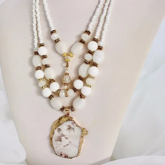 White Gold Bronze Druzy Pendant Necklace, Multi Layers White Stone Crystals Neck - Picture 6 of 10